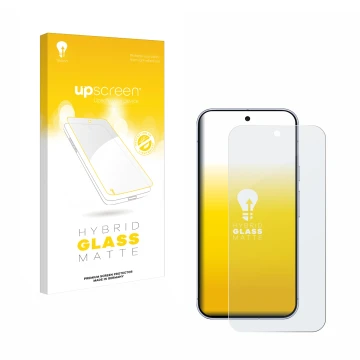 Parte frontal de un envase de producto con el logotipo de la marca upscreen. Al lado se muestra el dispositivo Google Pixel 10