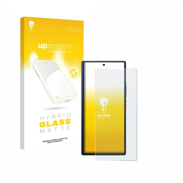 Parte frontal de un envase de producto con el logotipo de la marca upscreen. Al lado se muestra el dispositivo Samsung Galaxy 