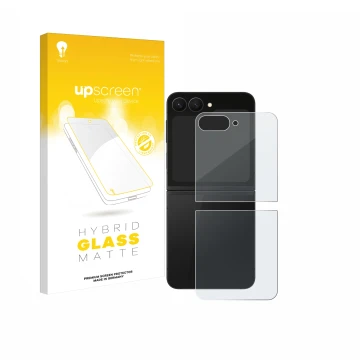 Parte frontal de un envase de producto con el logotipo de la marca upscreen. Al lado se muestra el dispositivo Samsung Galaxy 