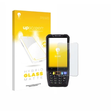 Parte frontal de un envase de producto con el logotipo de la marca upscreen. Al lado se muestra el dispositivo Point Mobile PM