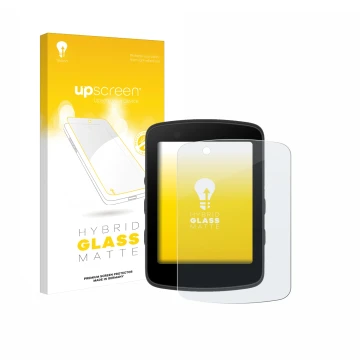 Parte frontal de un envase de producto con el logotipo de la marca upscreen. Al lado se muestra el dispositivo Bryton Rider 55