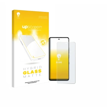 Parte frontal de un envase de producto con el logotipo de la marca upscreen. Al lado se muestra el dispositivo TCL 50 Pro NXTP