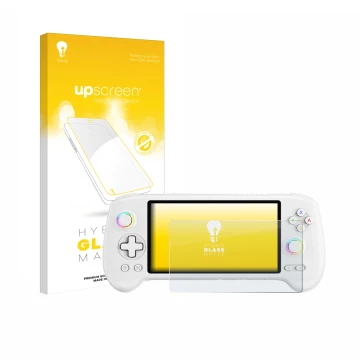 Parte frontal de un envase de producto con el logotipo de la marca upscreen. Al lado se muestra el dispositivo Anbernic RG557 