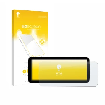 Parte frontal de un envase de producto con el logotipo de la marca upscreen. Al lado se muestra el dispositivo Ninetom Car Rad