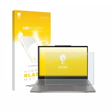 Parte frontal de un envase de producto con el logotipo de la marca upscreen. Al lado se muestra el dispositivo Lenovo ThinkPad