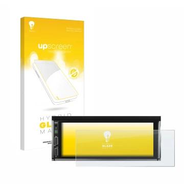 Parte frontal de un envase de producto con el logotipo de la marca upscreen. Al lado se muestra el dispositivo Hikity Carplay 