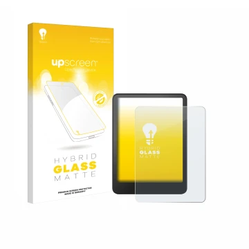 Parte frontal de un envase de producto con el logotipo de la marca upscreen. Al lado se muestra el dispositivo Amazon Kindle C