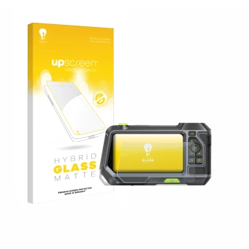 Parte frontal de un envase de producto con el logotipo de la marca upscreen. Al lado se muestra el dispositivo Teslong NTS500 