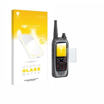 Parte frontal de un envase de producto con el logotipo de la marca upscreen. Al lado se muestra el dispositivo Icom IC-A25NE /