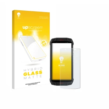 Parte frontal de un envase de producto con el logotipo de la marca upscreen. Al lado se muestra el dispositivo Ulefone Armor 1