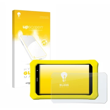 Parte frontal de un envase de producto con el logotipo de la marca upscreen. Al lado se muestra el dispositivo Clementoni Clem