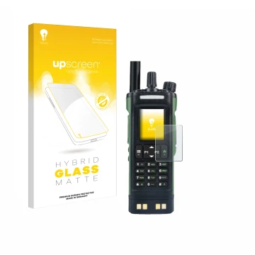 Parte frontal de un envase de producto con el logotipo de la marca upscreen. Al lado se muestra el dispositivo Baofeng DM-32 c