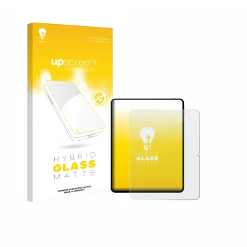 Parte frontal de un envase de producto con el logotipo de la marca upscreen. Al lado se muestra el dispositivo Teclast Artpad 