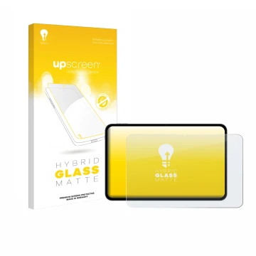 Parte frontal de un envase de producto con el logotipo de la marca upscreen. Al lado se muestra el dispositivo Teclast T65 con