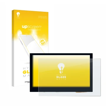 Parte frontal de un envase de producto con el logotipo de la marca upscreen. Al lado se muestra el dispositivo Waveshare 4.3