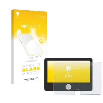 Parte frontal de un envase de producto con el logotipo de la marca upscreen. Al lado se muestra el dispositivo Dynavin D9-DCX 