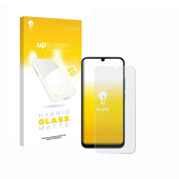 Parte frontal de un envase de producto con el logotipo de la marca upscreen. Al lado se muestra el dispositivo Xiaomi Redmi 15