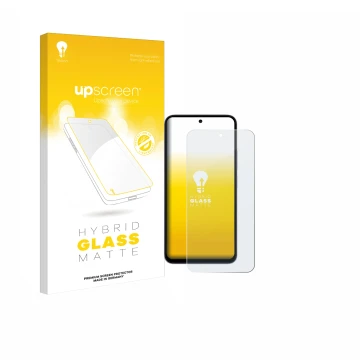 Parte frontal de un envase de producto con el logotipo de la marca upscreen. Al lado se muestra el dispositivo Xiaomi Redmi 15