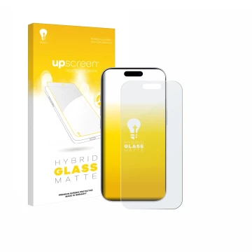 Parte frontal de un envase de producto con el logotipo de la marca upscreen. Al lado se muestra el dispositivo Apple iPhone 17