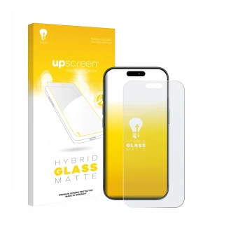 Parte frontal de un envase de producto con el logotipo de la marca upscreen. Al lado se muestra el dispositivo Apple iPhone 17