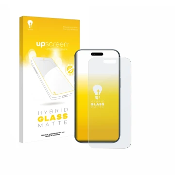 Parte frontal de un envase de producto con el logotipo de la marca upscreen. Al lado se muestra el dispositivo Apple iPhone Ai