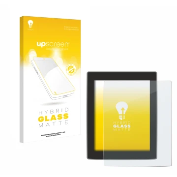 Parte frontal de un envase de producto con el logotipo de la marca upscreen. Al lado se muestra el dispositivo Volvo XC90 11.2