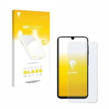 Parte frontal de un envase de producto con el logotipo de la marca upscreen. Al lado se muestra el dispositivo Samsung Galaxy 