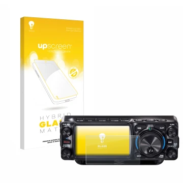 Parte frontal de un envase de producto con el logotipo de la marca upscreen. Al lado se muestra el dispositivo Yaesu FTX-1 con