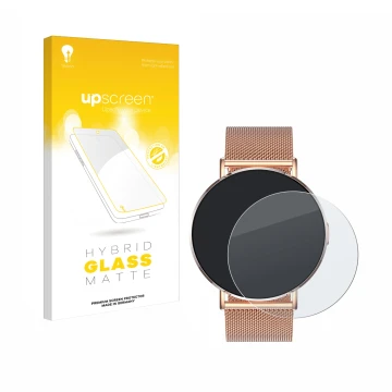 Parte frontal de un envase de producto con el logotipo de la marca upscreen. Al lado se muestra el dispositivo Levowatch Eve 1