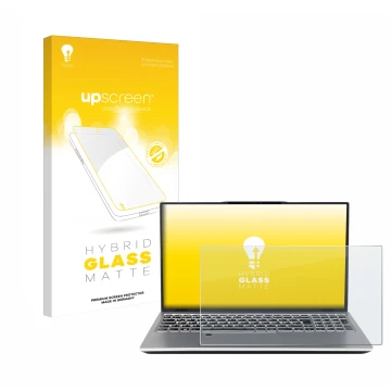 Parte frontal de un envase de producto con el logotipo de la marca upscreen. Al lado se muestra el dispositivo terra Mobile 15