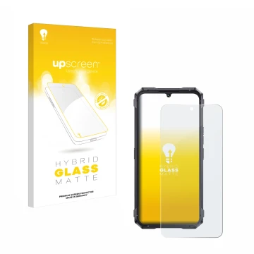 Parte frontal de un envase de producto con el logotipo de la marca upscreen. Al lado se muestra el dispositivo Cubot King Kong