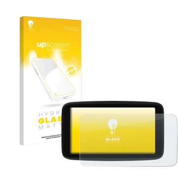 Parte frontal de un envase de producto con el logotipo de la marca upscreen. Al lado se muestra el dispositivo TomTom GO Class