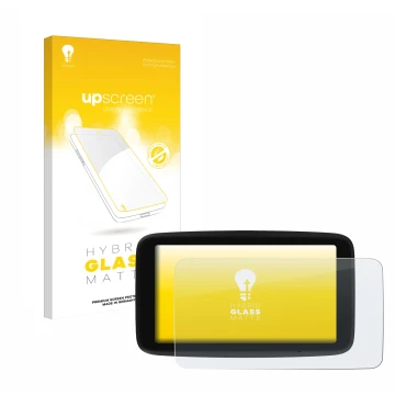 Parte frontal de un envase de producto con el logotipo de la marca upscreen. Al lado se muestra el dispositivo TomTom GO Class