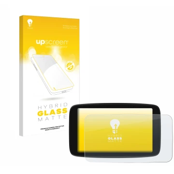 Parte frontal de un envase de producto con el logotipo de la marca upscreen. Al lado se muestra el dispositivo TomTom Go Navig