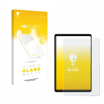 Parte frontal de un envase de producto con el logotipo de la marca upscreen. Al lado se muestra el dispositivo Alldocube iPlay