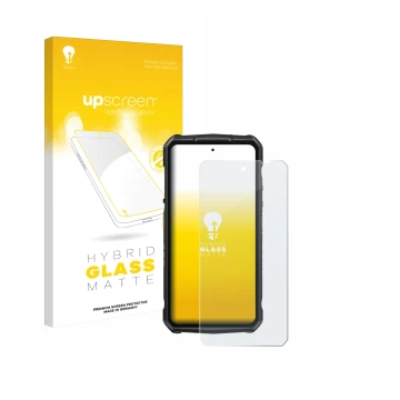 Parte frontal de un envase de producto con el logotipo de la marca upscreen. Al lado se muestra el dispositivo Ulefone Armor 2