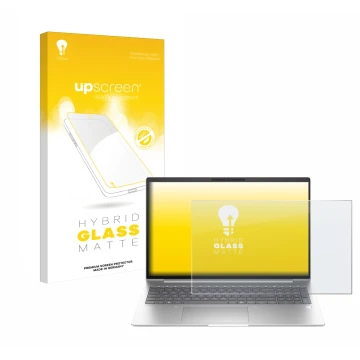 Parte frontal de un envase de producto con el logotipo de la marca upscreen. Al lado se muestra el dispositivo HP EliteBook 6 