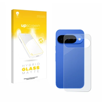 Parte frontal de un envase de producto con el logotipo de la marca upscreen. Al lado se muestra el dispositivo Google Pixel 10