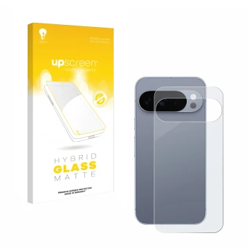 Parte frontal de un envase de producto con el logotipo de la marca upscreen. Al lado se muestra el dispositivo Google Pixel 10