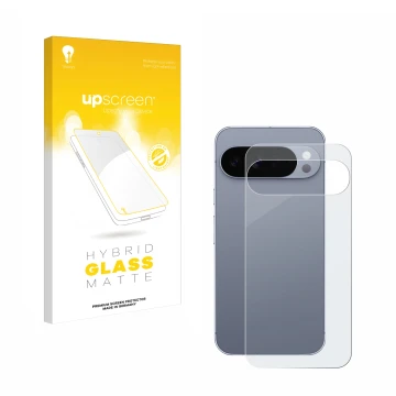 Parte frontal de un envase de producto con el logotipo de la marca upscreen. Al lado se muestra el dispositivo Google Pixel 10