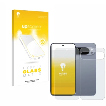 Parte frontal de un envase de producto con el logotipo de la marca upscreen. Al lado se muestra el dispositivo Google Pixel 10