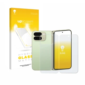 Parte frontal de un envase de producto con el logotipo de la marca upscreen. Al lado se muestra el dispositivo Google Pixel 10