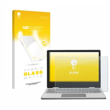 Parte frontal de un envase de producto con el logotipo de la marca upscreen. Al lado se muestra el dispositivo Framework Lapto