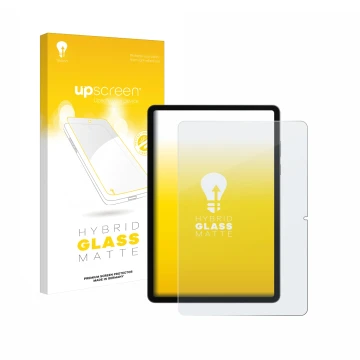 Parte frontal de un envase de producto con el logotipo de la marca upscreen. Al lado se muestra el dispositivo Samsung Galaxy 