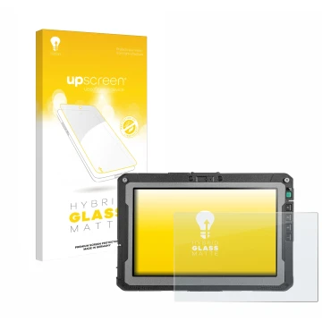 Parte frontal de un envase de producto con el logotipo de la marca upscreen. Al lado se muestra el dispositivo Getac ZX10 G2 c