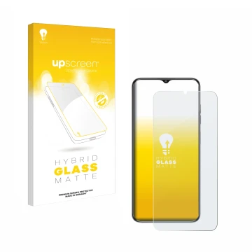 Parte frontal de un envase de producto con el logotipo de la marca upscreen. Al lado se muestra el dispositivo Oukitel C1 con 