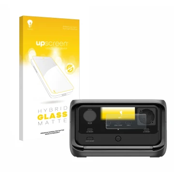 Parte frontal de un envase de producto con el logotipo de la marca upscreen. Al lado se muestra el dispositivo EcoFlow River 3