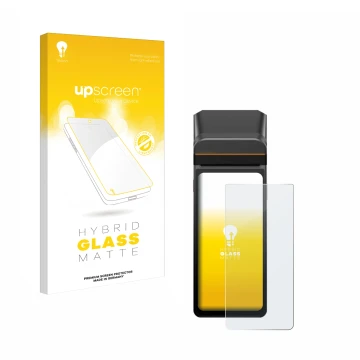 Parte frontal de un envase de producto con el logotipo de la marca upscreen. Al lado se muestra el dispositivo Sunmi V3H con s