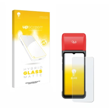 Parte frontal de un envase de producto con el logotipo de la marca upscreen. Al lado se muestra el dispositivo iMin Swift 2 Pr