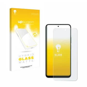 Parte frontal de un envase de producto con el logotipo de la marca upscreen. Al lado se muestra el dispositivo Honor X7d 5G co